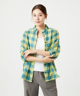 ［洗える］シャーリングチェックシャツブラウス