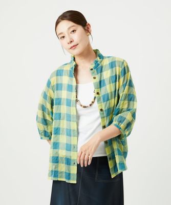 ［洗える］シャーリングチェックシャツブラウス