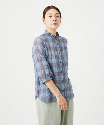 ［洗える］シャーリングチェックシャツブラウス
