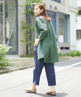 ［洗える・日本製］ミラクルウェーブストライプロングブラウス