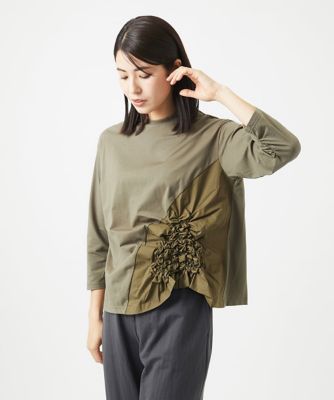 ［洗える］コットン天竺シャーリングフラワーカットソー