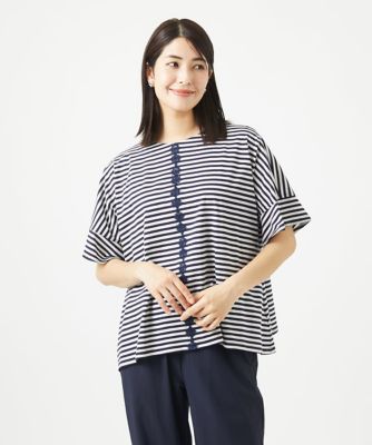 ［洗える・日本製］コンパクトボーダーフラワーモチーフカットソー