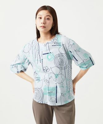 ［洗える・日本製］線描きフラワープリントカットソー