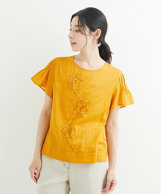 【SALE】テープ刺繍フラワーデザインカットソー オレンジ15 トップス