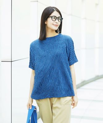 ＜GIANNI LO GIUDICE (Women)＞［洗える・日本製］麻混ギンガムワッシャージャガードカットソー
