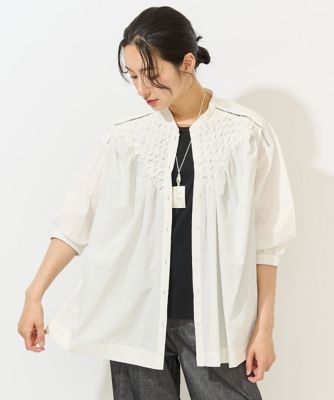 ＜GEORGES RECH　(Women)＞バンドカラーハンドスモッキング７分袖ブラウス