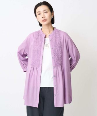 バンドカラーシャーリングコットン7分袖ブラウス | GEORGES RECH