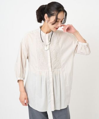 バンドカラーシャーリングコットン7分袖ブラウス | GEORGES RECH