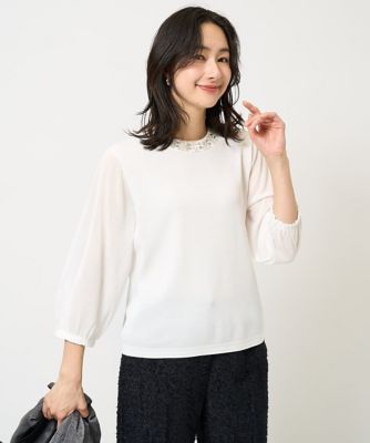 ES RECH / ジョルジュ・レッシュ [アンサンブル対応]ビジュー刺繍シアー7分袖ニット アンサンブル対応］ビジュー刺繍シアー7分袖ニット | GEORGES