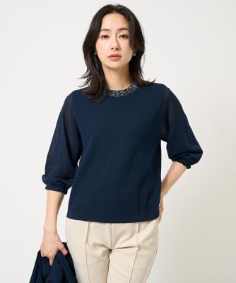 ジョルジュ・レッシュ（ES RECH）/[アンサンブル対応]ビジュー刺繍シアー7分袖ニット アンサンブル対応］ビジュー刺繍シアー7分袖ニット | GEORGES RECH