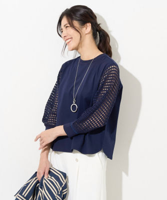 ＜GEORGES RECH　(Women)＞［アンサンブル対応］透かし編みスリーブ７分袖コンビカットソー