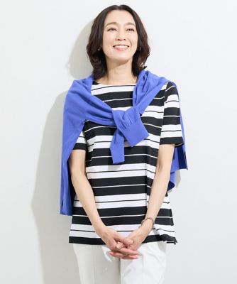 ＜GEORGES RECH　(Women)＞［日本製］パネルボーダーボートネックカットソー