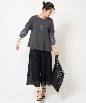 幾何ボーダーレースプリーツワイドパンツ
