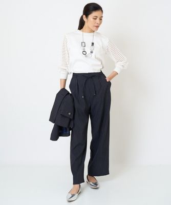 ［日本製／セットアップ対応］リネンピンストライプワイドパンツ