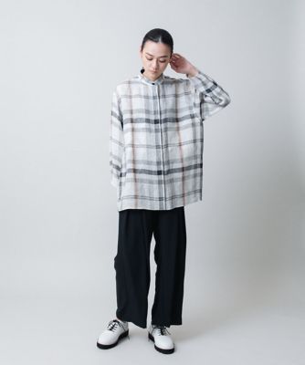 先染めチェックバンドカラーリネンシャツ　／日本製