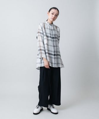 先染めチェックバンドカラーリネンシャツ　／日本製