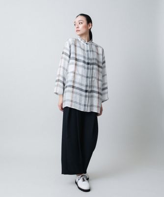 先染めチェックバンドカラーリネンシャツ　／日本製