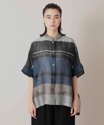 HIROKO KOSHINO ボーダー タフタトップス 定価64900 R429 リネン混シアーボーダーブラウス／日本製 | HIROKO KOSHINO (Women
