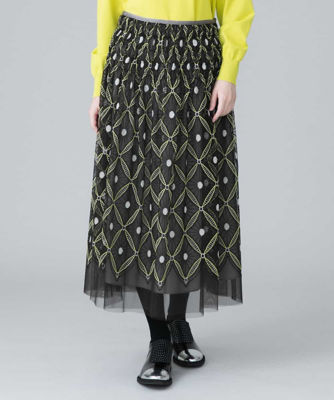 【日本製／洗える】チュールアラベスク刺繍デザインスカート 