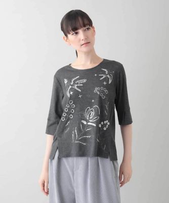 ボタニカル刺繍デザインカットソー／日本製／洗える
