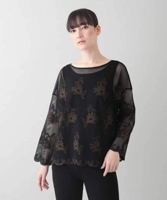 ＜HIROKO KOSHINO (Women)＞ボタニカル刺繍チュールブラウス／日本製／洗える