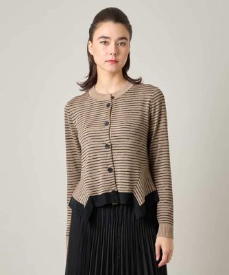 HIROKO KOSHINO ボーダー タフタトップス 定価64900 R429 イレギュラーヘムボーダー柄ニットカーディガン ／日本製／洗える