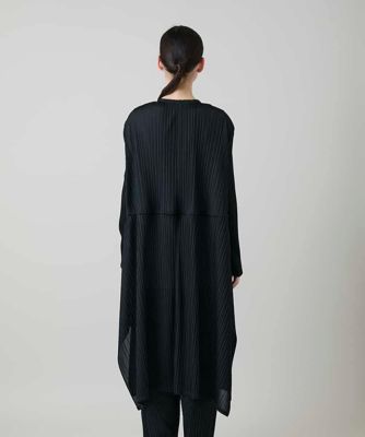 プリーツロングカーディガン 長袖プリーツ加工タイトフレアミディアム丈トッパーカーディガン｜40代