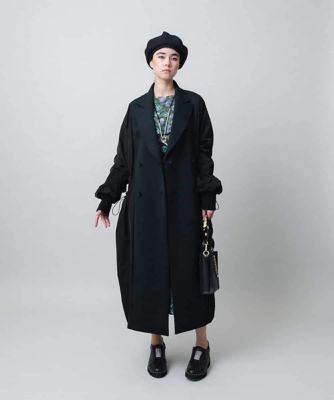 HIROKO KOSHINO 春コート13号ブラック フレアシルエット ボタニカルレース刺繍デザインコート /日本製(ノーカラーコート