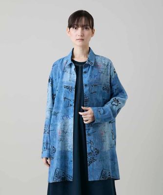 コシノヒロコ デニム風プリント 膝丈 長袖シャツ タグ無し未使用品　M相当 デニム風アートプリントロングシャツ／洗える | TRUNK HIROKO KOSHINO