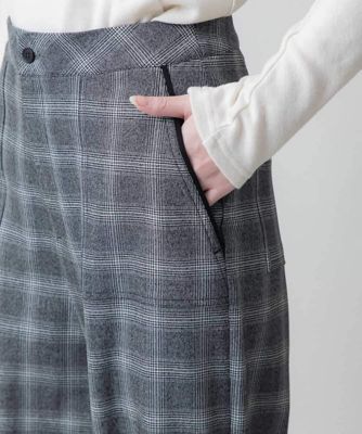 裏起毛チェック柄セミワイドパンツ　／洗える