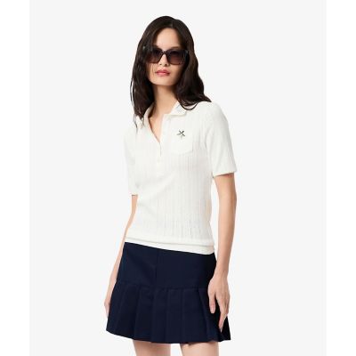 LACOSTE 半袖ポロシャツ アイボリー サイズ34 レース調 リボン付き ポインテルニット 半袖ポロシャツ