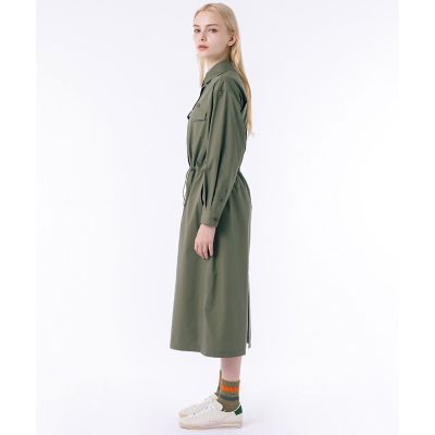 撥水　ウエストドロスト　ミリタリーフラップポケットシャツドレス　／　ロングシャツワンピース
