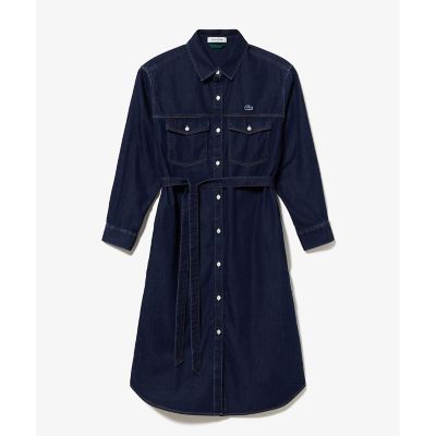 ロングデニムシャツドレス ／ シャツワンピース ウエストベルト
