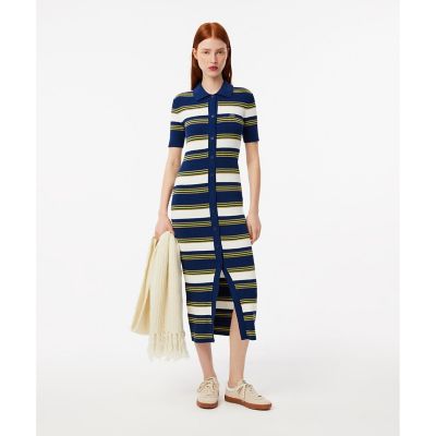 ＜LACOSTE＞ポロカラーリブニットボーダーシャツドレス