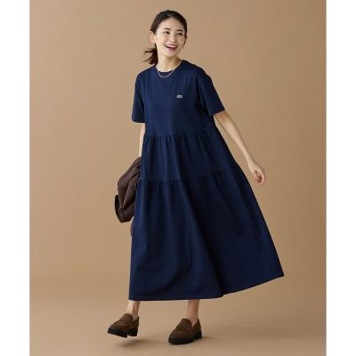 超美品　ラコステ　L スウェット　プリーツワンピース　ドレス　ワニ　ネイビー ティアード切り替え コットンドレス マキシ丈 ワンピース