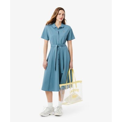 鹿の子地シャツドレス　ドレープフレアワンピース
