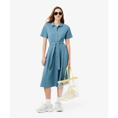 鹿の子地シャツドレス　ドレープフレアワンピース