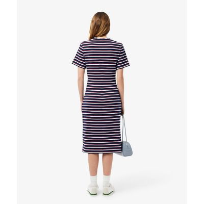 【人気完売品】LACOSTEラコステ　ロゴ　ボーダーワンピースドレス　プリーツ バイカラーボーダーTシャツドレス ／ フレアワンピース