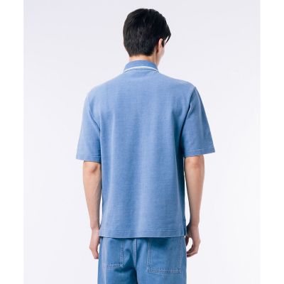 配色リブニットインディゴポロシャツ