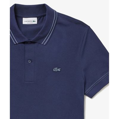 ＜LACOSTE＞ストライプリブニットカラーストレッチ鹿の子　半袖ポロシャツ