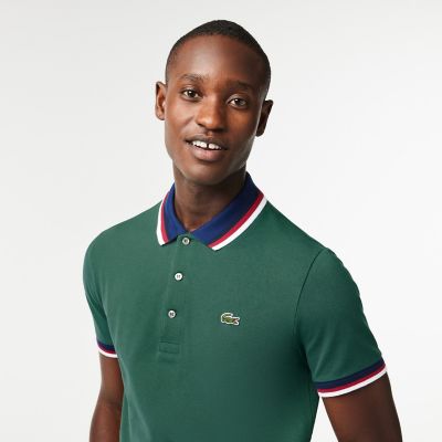 ラコステ LACOSTE 配色ボーダーリブニット鹿の子地ポロシャツ