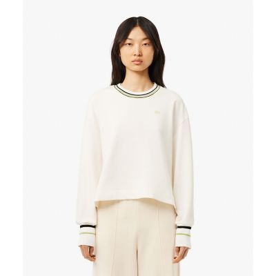 ＜LACOSTE＞裏パイル　フランスメイドサイドスリット　クロップド丈　ラインクルーネックスウェット