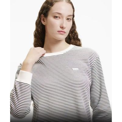 ラウンドヘム 配色リブカラー ワッフルボーダーロングスリーブTシャツ