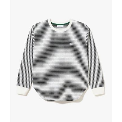 ラウンドヘム 配色リブカラー ワッフルボーダーロングスリーブTシャツ