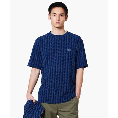【ブラック】インディゴ鹿の子地 モノグラム半袖Tシャツ LACOSTE（ラコステ） tシャツ インディゴ鹿の子地 モノグラム半袖T