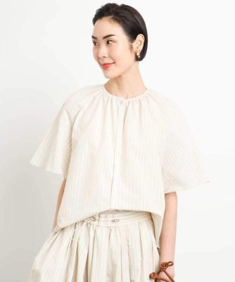 MICHEL KLEIN (Women)/ミッシェルクラン [ドライタッチ]ギャザーブラウス ストライプ柄(セットアップ対応)