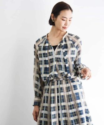 ＜MICHEL KLEIN (Women)＞［セットアップ対応］チェック柄細めリボンスキッパーブラウス