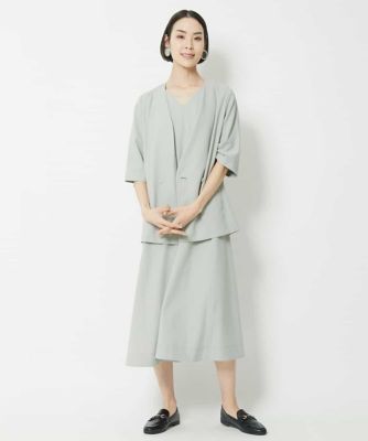 ［セットアップ対応］リネンライク５分袖ノーカラージャケット