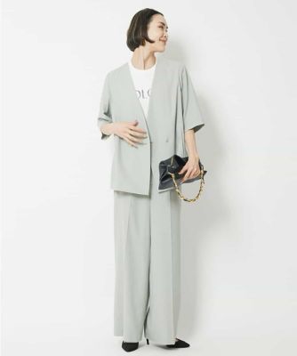 ［セットアップ対応］リネンライク５分袖ノーカラージャケット