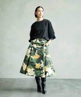 セットアップ対応］モダンフラワープリントタックフレアスカート